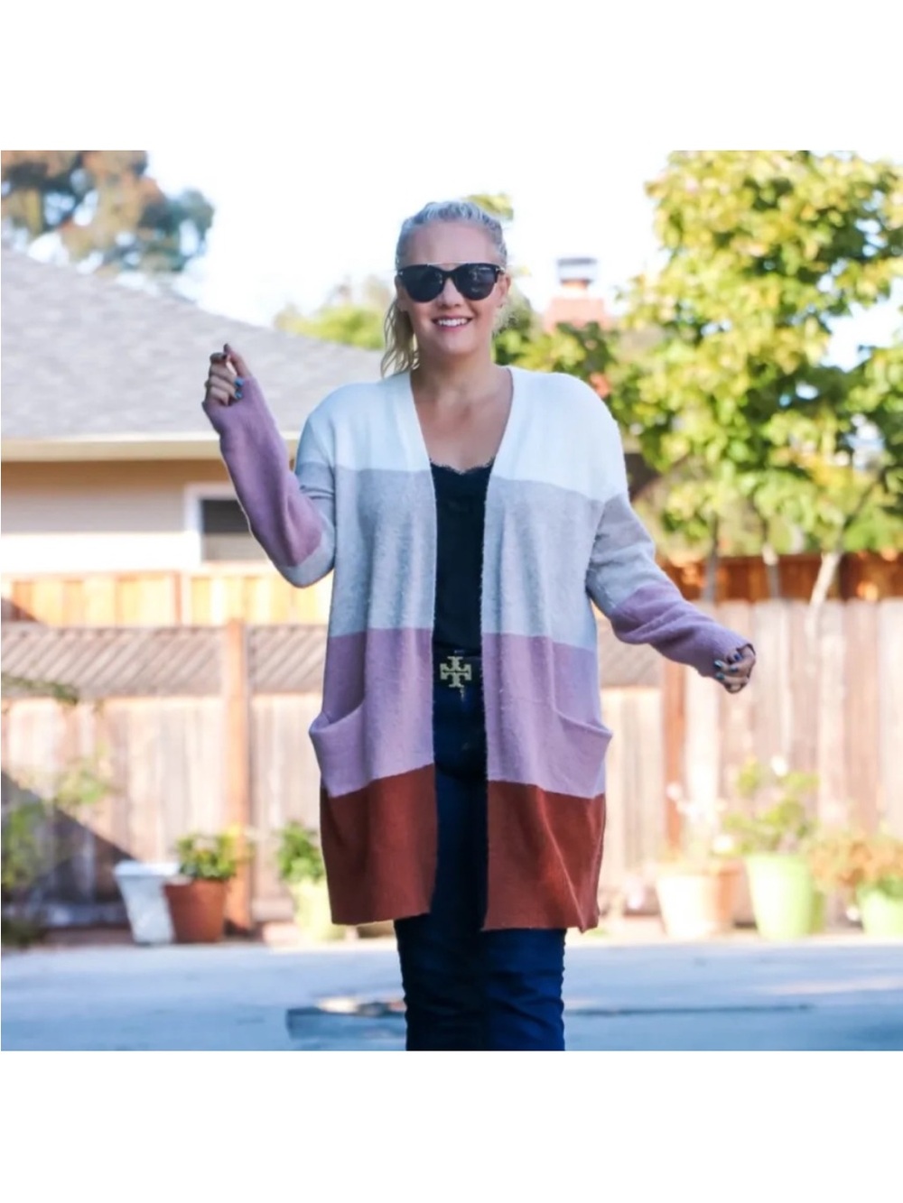 Madewell Kent Oversized Long Wool Blend Cardigan Sweater Colorblock Pink Tan XS